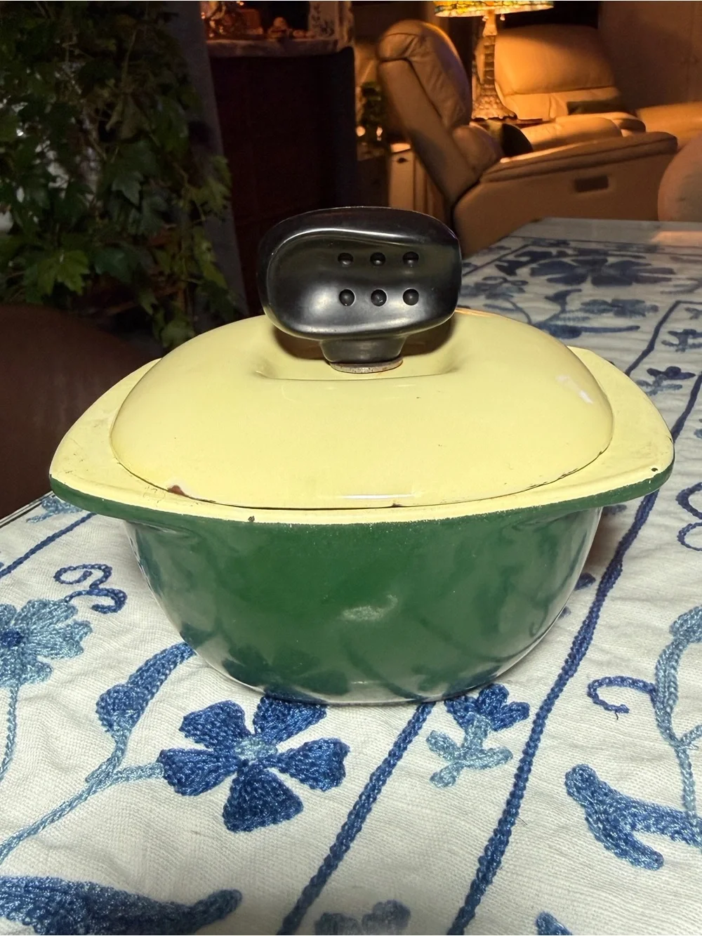 Vintage Cameron Clay Covered Casserole Bake Oven USA Green & Yellow 1 Qt Packers